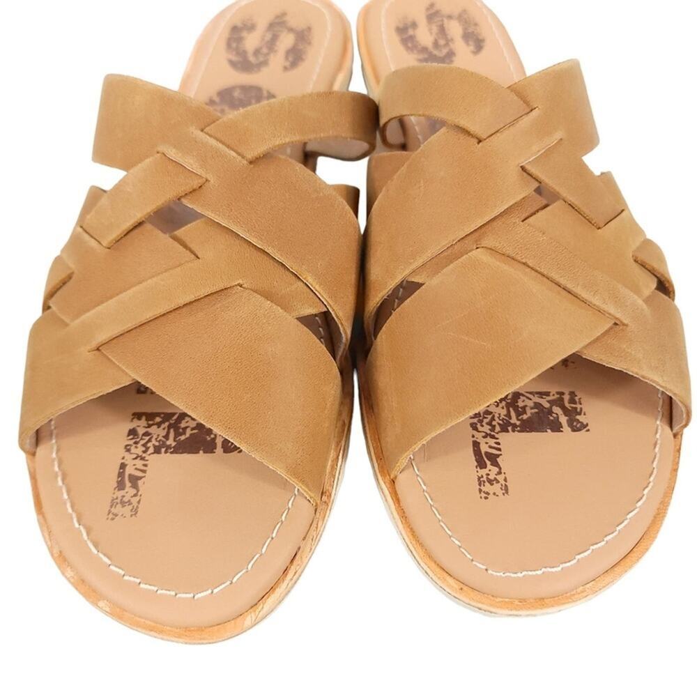 Sorel Ella Slide Sandals in Camel Brown Strappy Leather - Picture 3 of 11